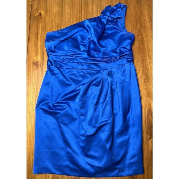 Royal Blue Satin One Shoulder Ruched Mini Cocktail Dress Plus Size 18 - Picture 2 of 6